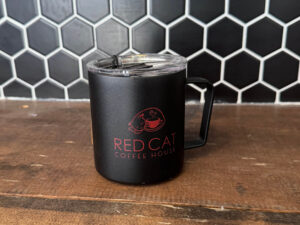 Red Cat Coffehouse Camp Cup - Black stainless steel mug with a red Red Cat Coffeehouse logo